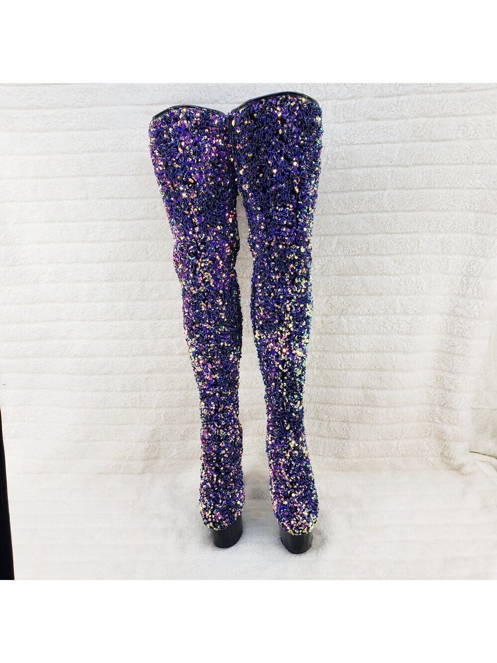NIB Adore 3020 Purple Multi Sequin High Heel Platform Thigh High Boots - Picture 8 of 14